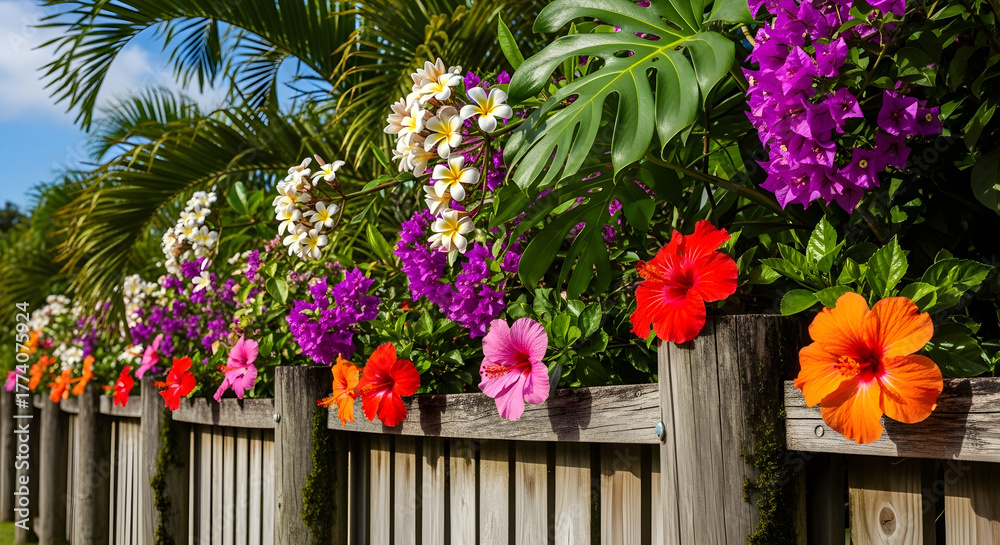 Fototapeta premium A vibrant fence adorned with colorful tropical flowers in full bloom, creating a picturesque scene.