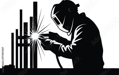 Welder Silhouette Working with Sparks and Welding Mask - Vector Illustration