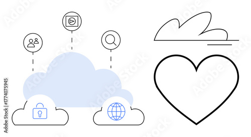 Cloud linked to users, security, and global web icons with a heart symbol and cloud shape. Ideal for tech, digital security, data sharing, connectivity, cloud storage, networking simple flat