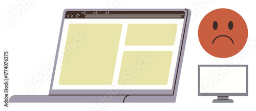 Laptop displaying incomplete web layout, sad face icon symbolizing usability issues, and desktop. Ideal for web design, user experience, digital frustration, online errors, customer dissatisfaction