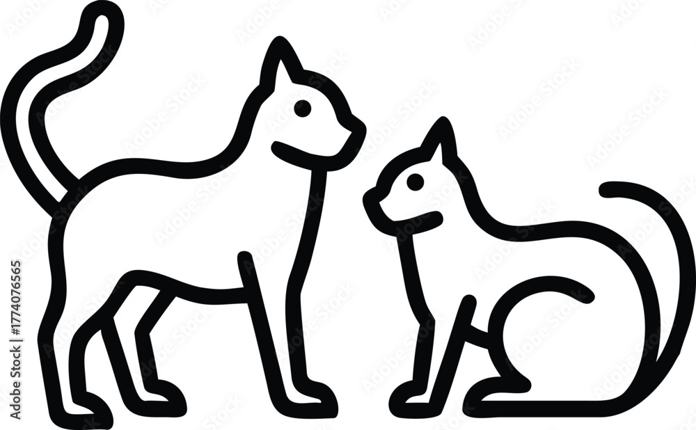 Fototapeta premium Two black cats with detailed line art. One is standing, and the other is seated