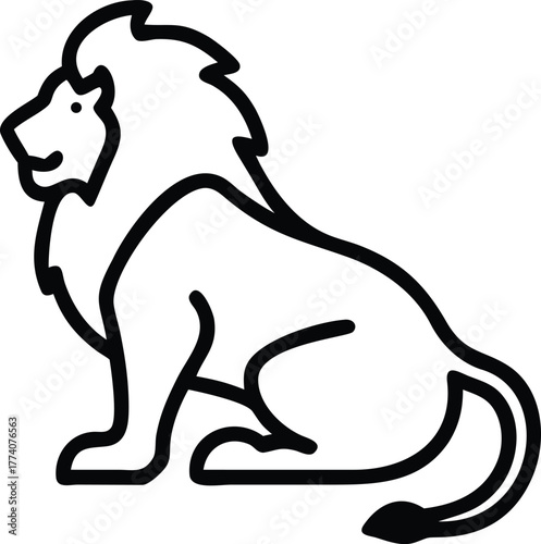 A line art illustration of a majestic lion in a seated position, showcasing its regal mane and powerful physique. This image captures the essence of strength, courage.