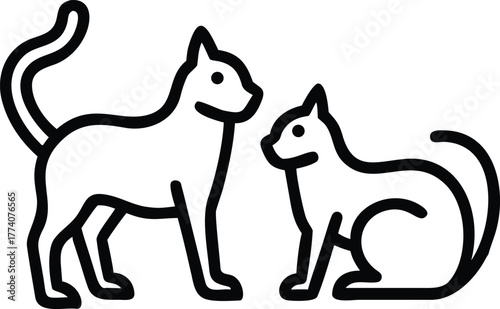 Two black cats with detailed line art. One is standing, and the other is seated