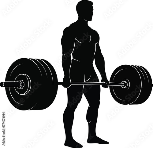 Muscular Man Lifting Heavy Barbell - Solid Black Vector Silhouette
