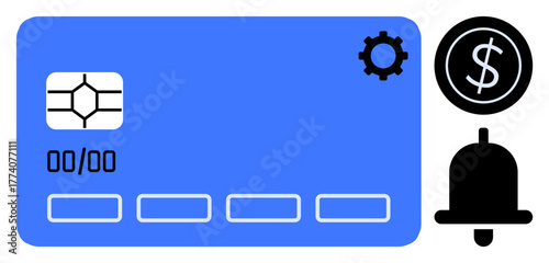 Blue credit card with chip and editable details. Nearby, a dollar icon and notification bell suggest financial transactions. Ideal for payment solutions, fintech, e-commerce, budgeting, digital