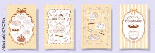 Set of cards Galette des Rois with crowns, pastries, ribbons, bow in beige tones. Vintage in whimsical, coquette style. For Epiphany greetings, bakery packaging, invitations, festive promotional desig