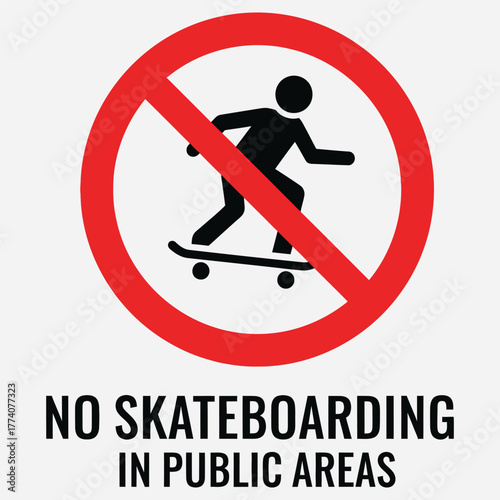Clear graphic sign prohibiting skateboarding in public spaces, emphasizing safety regulations and community rules compliance for urban environments