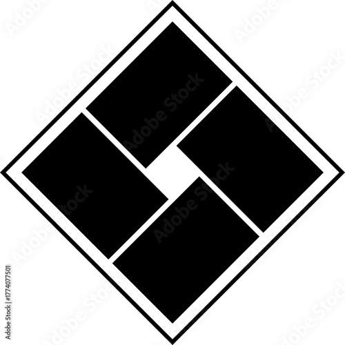 A black and white geometric design featuring a stylized aperture shape within a diamond.