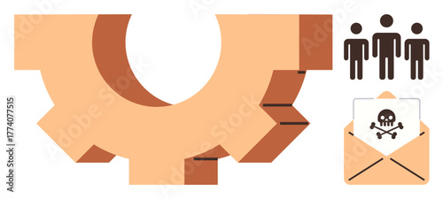 Gear symbol, group of people, skull and crossbones in an envelope signifying teamwork, operations, online threats. Ideal for teamwork mechanisms, cybersecurity, communication risks, collaboration