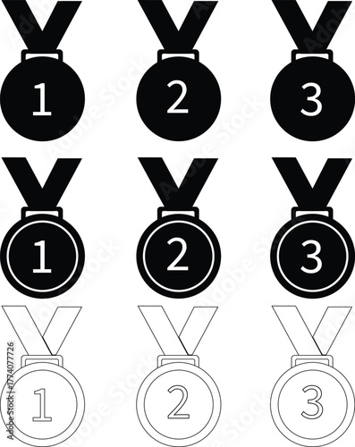 Minimal vector graphic showing ranking medals one two and three with outline and silhouette style