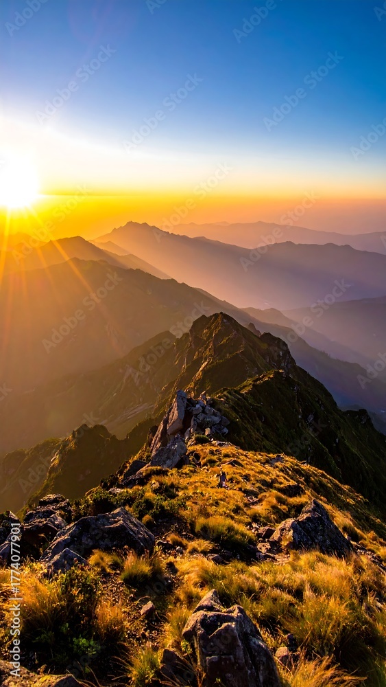 Naklejka premium A mountain range at sunset is captured with a bright sun and haze across the landscape