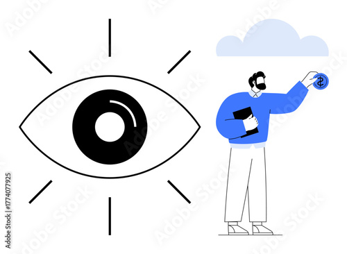 A large eye symbol paired with a man holding a dollar coin conveys vision, focus, and financial success. Ideal for strategy, business planning, wealth management, investment, innovation, opportunity