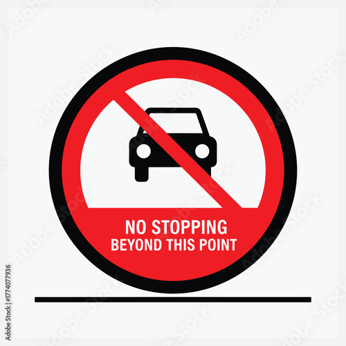 A clear circular red and black traffic sign indicating a strict no stopping zone for all vehicles beyond a specified point, ensuring orderly movement and preventing obstruction on roads