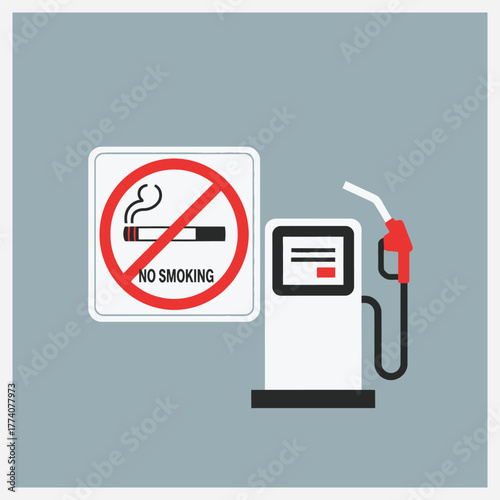 Gas station safety concept showing a fuel pump and a prominent no smoking sign for fire prevention