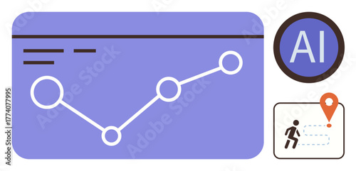 Line graph with connected points, AI label, navigation icon with route and marker. Ideal for technology, innovation, analytics, research, navigation AI solutions data visualization. Simple flat