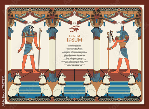 Ancient Egyptian Border Pattern with Gods and Hieroglyphs for Card and Invitation Template