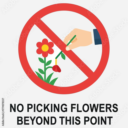 Vector illustration of a 'No Picking Flowers' warning sign, a symbol of nature conservation and garden etiquette