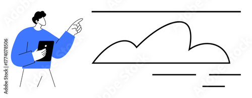 Person holding tablet while pointing to a minimalist cloud graphic line design. Ideal for presentations, cloud computing, data storage, education, innovation, tech learning, simple flat metaphor
