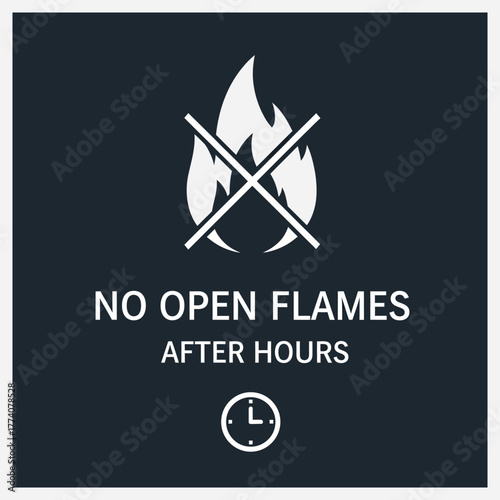 No open flames sign essential safety warning icon for after-hours fire prevention, dark background