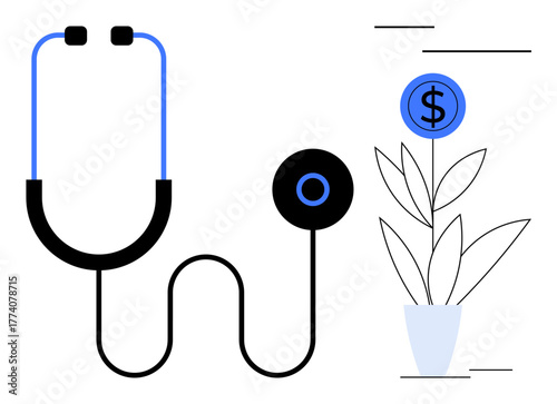 Stethoscope alongside a potted plant growing a dollar coin signifies medical and financial well-being, growth, and health. Ideal for healthcare, finance, insurance, investments, sustainability