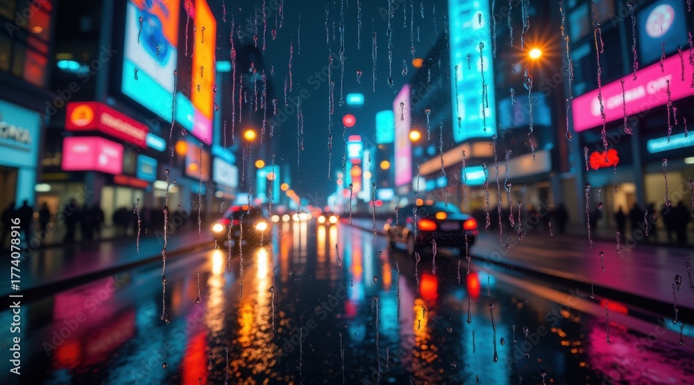 Naklejka premium A vibrant city street at night, illuminated by neon lights and reflected in rain-soaked pavement, creating a lively urban atmosphere.