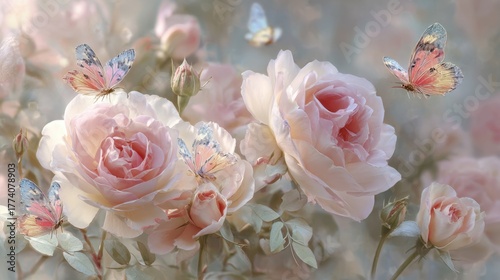 A serene arrangement of soft pink roses surrounded by delicate butterflies, creating a peaceful and romantic floral scene.