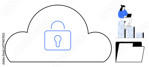 Large cloud with lock representing data security, open folder, person working on laptop. Ideal for cybersecurity, data storage, technology, privacy policy, remote work, file management simple flat