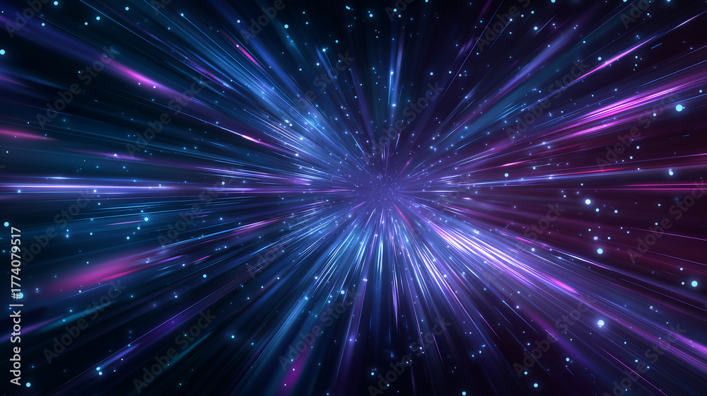 Naklejka premium abstract neon light background with blue and purple rays of energy in space, stars explosion effect.