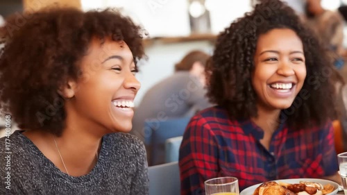 Two friends with curly hair laughing heartily during a meal with orange juice