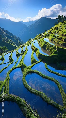 Verdant, water-filled terraces cascade down a mountainside under a bright blue sky