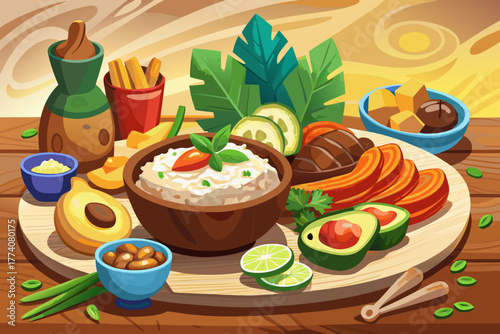 Dominican delicacies include tender meat stew, sliced ​​avocado, fluffy rice, fresh herbs, vegetables and authentic traditional dishes served on a rustic wooden table.