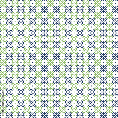 Blue and Green Geometric Flower Star Seamless Pattern
