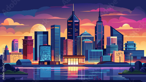 Very beautiful view of downtown Indianapolis, Indiana, USA skyline at twilight, featuring illuminated skyscrapers, city streets, and the serene evening sky reflecting urban vibrancy.