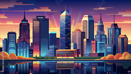 Very beautiful view of downtown Indianapolis, Indiana, USA skyline at twilight, featuring illuminated skyscrapers, city streets, and the serene evening sky reflecting urban vibrancy.