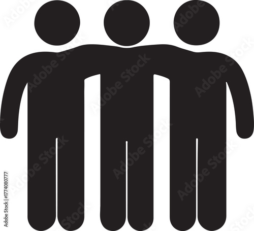 teamwork silhouette vector, minimalist design showing three people with arms over each other’s shoulders, Stronger Together, United We Thrive, Built on Trust.