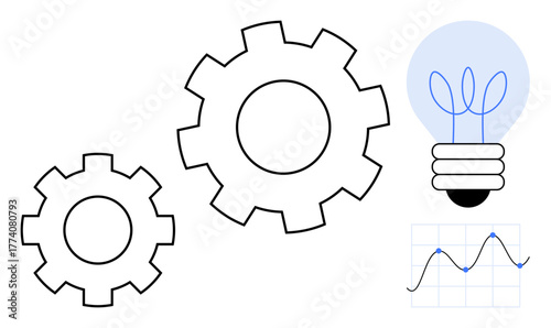 Gears in motion, glowing bulb, and a data graph symbolize innovation, efficiency, and analytics. Ideal for creativity, teamwork, technology, science strategy progress simple flat metaphor