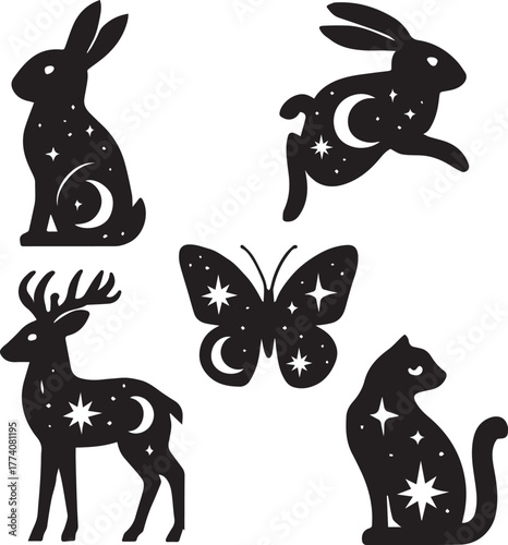 a rabbit, hare, deer, and butterfly, each filled with mystical symbols, celestial animal vectors silhouette design layout, Celestial Creatures, Nature’s Magic, 
