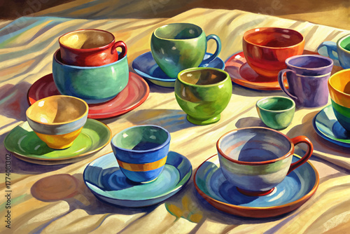 Set of ceramic cups and plates arranged on beige linen tablecloth with soft light