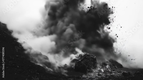 Volcanic eruption with black smoke and steam billowing against a bright sky
