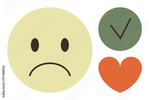 Sad face alongside green checkmark and orange heart, visually expressing emotions, choices, and resolution. Ideal for mental wellness, emotional health, decision-making, empathy, relation building