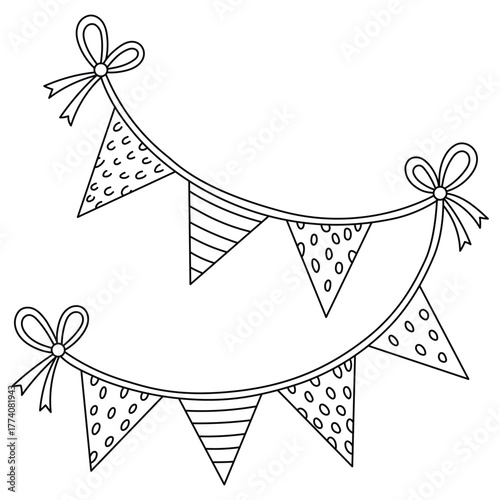 Handdrawn bunting flags with various patterns and bows, isolated on a vector illustration