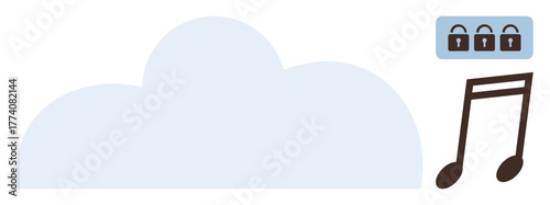 Large cloud next to a musical note and three padlocks. Ideal for digital security, cloud storage, music rights, data privacy, online streaming, encryption, simple flat metaphor