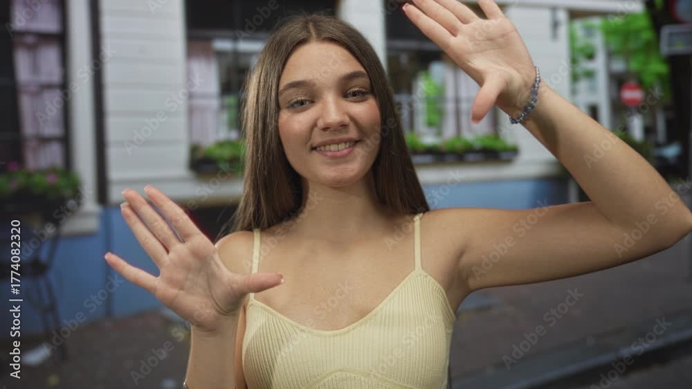 custom made wallpaper toronto digitalYoung caucasian girl wearing yellow top raises both hands toward camera in street; confidence self esteem empowerment.