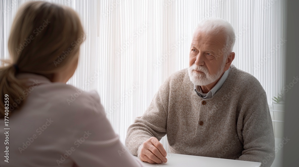 Fototapeta premium Elderly man listening thoughtfully during conversation with woman 