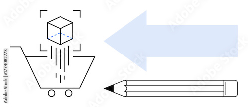 Shopping cart with 3D box, arrow pointing to pencil. Ideal for design process, e-commerce, prototyping, innovation, planning, creativity strategy visualization. Simple flat metaphor