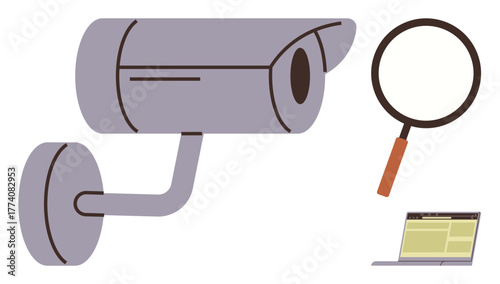 Wall-mounted surveillance camera, magnifying glass, and open laptop suggesting security, investigation, and data analysis. Ideal for privacy, cybersecurity, monitoring, surveillance investigation