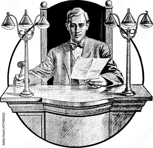 Vintage court scene with distinguished judge, gavel, and papers, evokes justice, law, and historical trials, ideal for legal themes and courtroom dramas