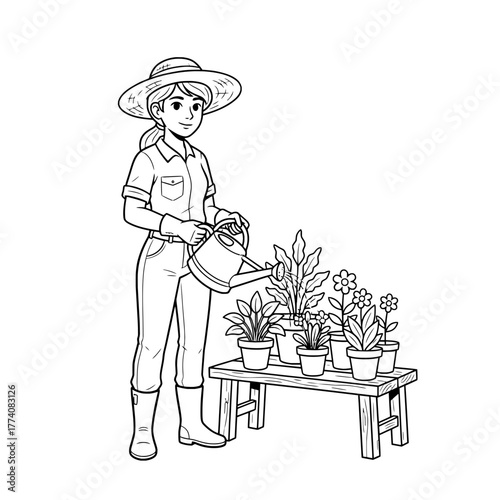 Cheerful gardener waters potted plants, a vibrant illustration of springtime gardening, perfect for educational materials or seasonal campaigns, originally vector art