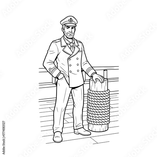 Confident sea captain stands tall on deck in classic uniform, ready for adventure, a symbol of leadership, nautical tradition, and maritime expertise