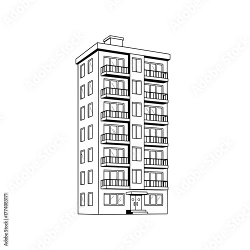 Modern apartment building with balconies architectural design, perfect for city living concepts and real estate projects, minimalist line art drawing style